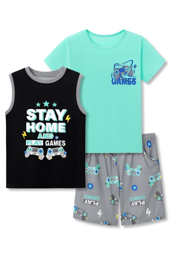 Boys Summer Pajama Set, 3-Piece Games PJs - Short Sleeves, Tank Top & Shorts Soft Black Gray Sleepwear Size 10
