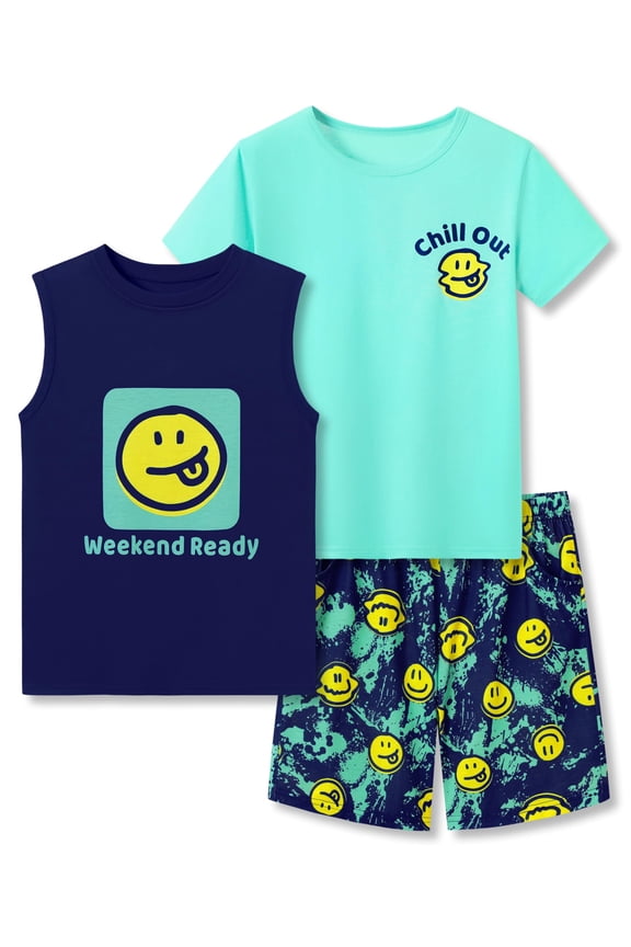 Boys Summer Pajama Set, 3-Piece Smiling Face PJs - Short Sleeves, Tank Top & Shorts Soft Sleepwear Size 16