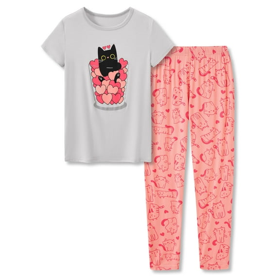 Tebbis Coral Cat Pajamas for Girls Modal Fiber Tee & Pants Pj Set Tween Size 10