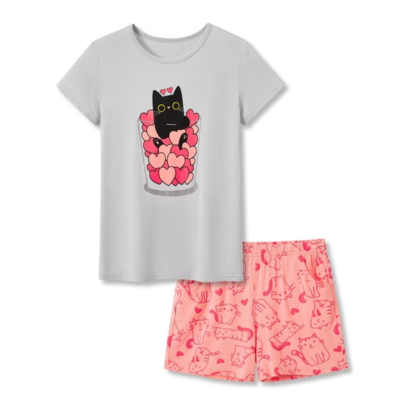 Beezizac Coral Cat Pajamas for Girls Modal Fiber Tee & Shorts Pj Set Tween Size 18