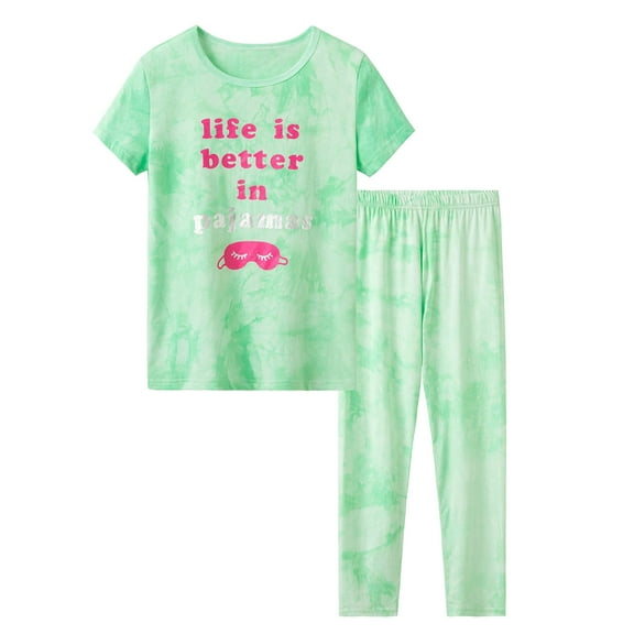 Tebbis Cotton Pajamas for Girls - Tie dye Summer Tween Sleepwear Pants Big Kid Size 10