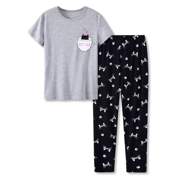 Beezizac Cute Cat Pajamas for Girls Modal Fiber Tee & Pants Pj Set Tween Size 6