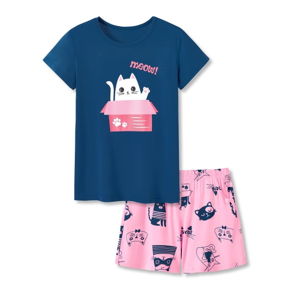 Beezizac Cute Cat Pajamas for Girls Modal Fiber Tee & Shorts Pj Set Tween Size 12
