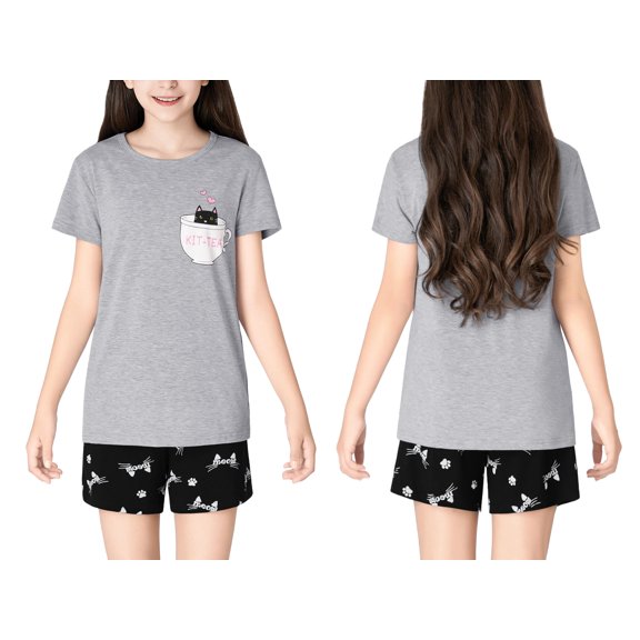 Beezizac Cute Cat Pajamas for Girls Modal Fiber Tee & Shorts Pj Set Tween Size 18