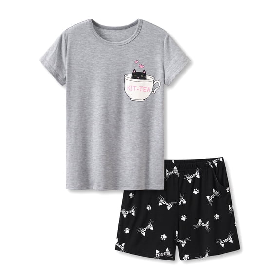 Beezizac Cute Cat Pajamas for Girls Modal Fiber Tee & Shorts Pj Set Tween Size 18