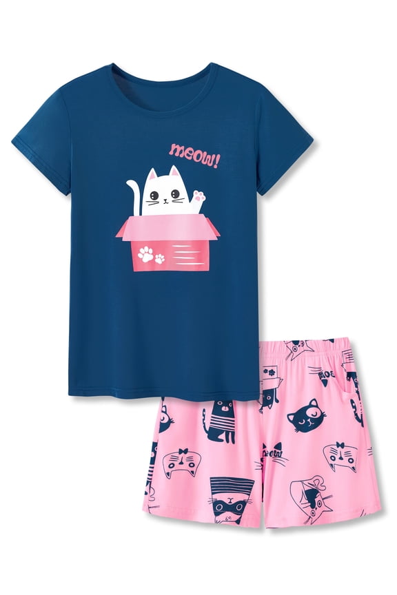 Cute Cat Pajamas for Girls Modal Fiber Tee & Shorts Pj Set Tween Size 8