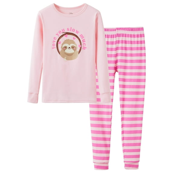 Beezizac Cute Sloth Valentine’s Day Heart Pajama Set for Little & Big Girls Stripe Cotton Snug-fit Outfit Size 12