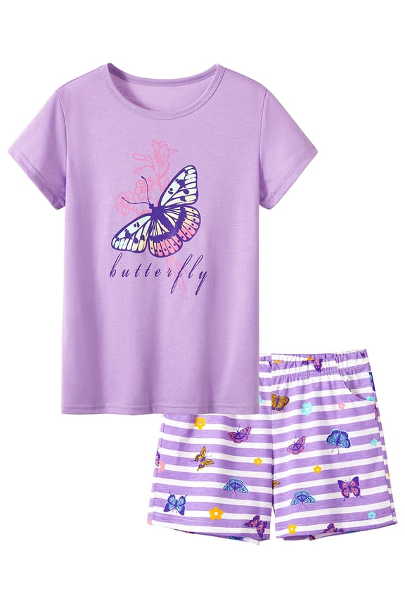 Cute Violet Butterfly Pajamas for Little/Tween Girls – Stripes Summer Outfit Size 12