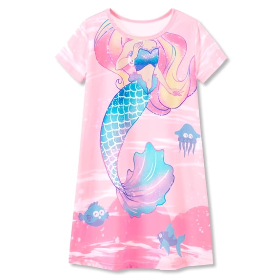 Beezizac Girls Nightgown – Summer Short Sleeves Sleepwear Pink Mermaid Soft Nightdress Pajama Size 6