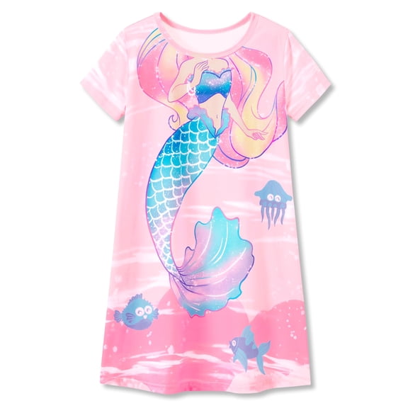Beezizac Girls Nightgown ā Summer Short Sleeves Sleepwear Pink Mermaid Soft Nightdress Pajama Size 8