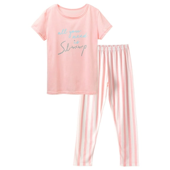 Beezizac Girls Pajama Set-2-Piece Cotton Blend Short Sleeve & Pants Cute Summer Pink Stripe PJs Size 16