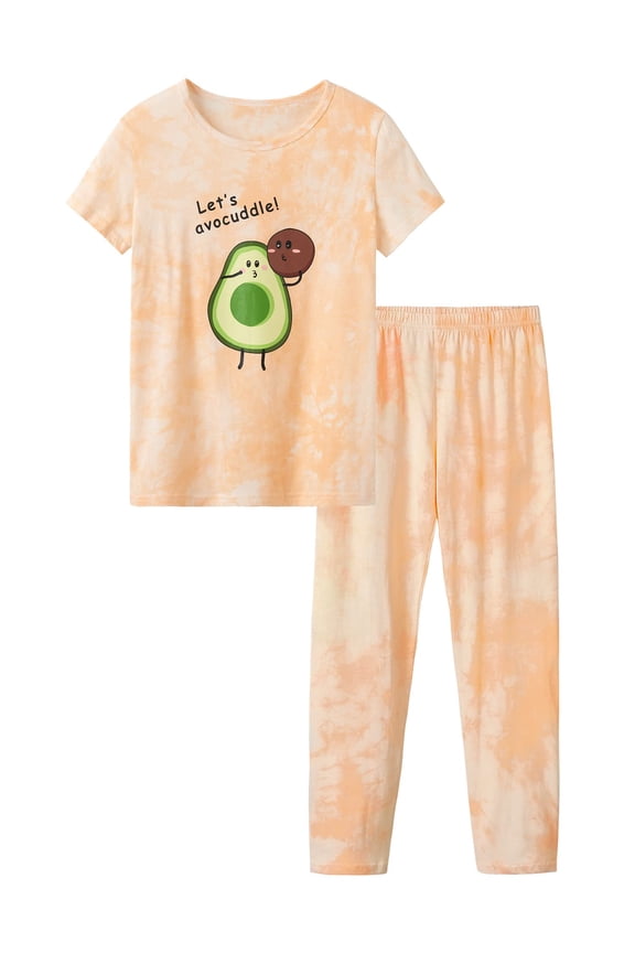 Girls Pajamas Tie Dye Orange-Pink Avocado Cotton Tee & Pants Pjs Big Kids Size 10