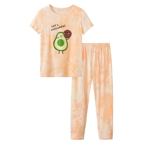Beezizac Girls Pajamas Tie Dye Orange-Pink Avocado Cotton Tee & Pants Pjs Big Kids Size 6
