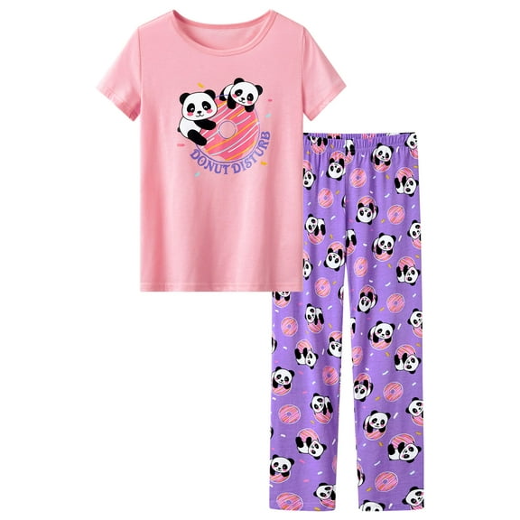 Beezizac Girls Panda Print Pajama Set-2-Piece Cotton Blend Short Sleeve & Pants Cute Summer Pink Purple PJs Size 12