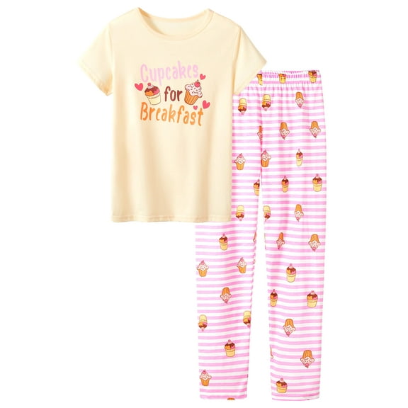 Beezizac Girls Soft Cotton Blend Pajamas Cupcakes for Breakfast Kids 2-Piece Jammies Size 12