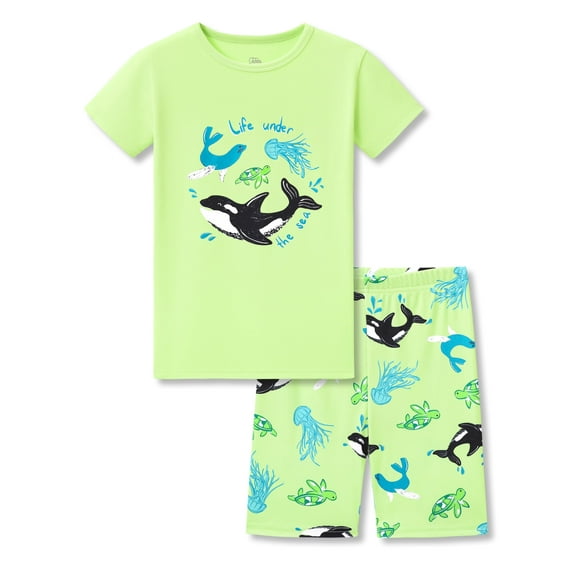Beezizac Little Boys Pajamas - Cozy Snug-fit PJs Short Sleeves Sleepwear Set Green Whale Turtle Toddler Jammies Size 8
