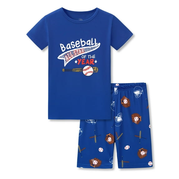 Beezizac Little Boys Pajamas - Soft Snug-fit PJs Short Sleeves Sleepwear Set Dark Blue Baseball Toddler Jammies Size 6