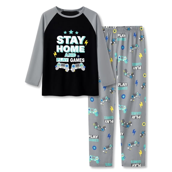 Tebbis Pajamas For Big Boys Games Black & Gray Long Sleeves 2-Piece PJs Set Children Soft Sleepwear Size 14