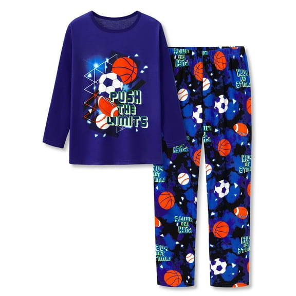 Tebbis Pajamas For Boys Fun Balls Dark Blue Long Sleeves 2-Piece PJs Set Kid Comfy Sleepwear Size 12