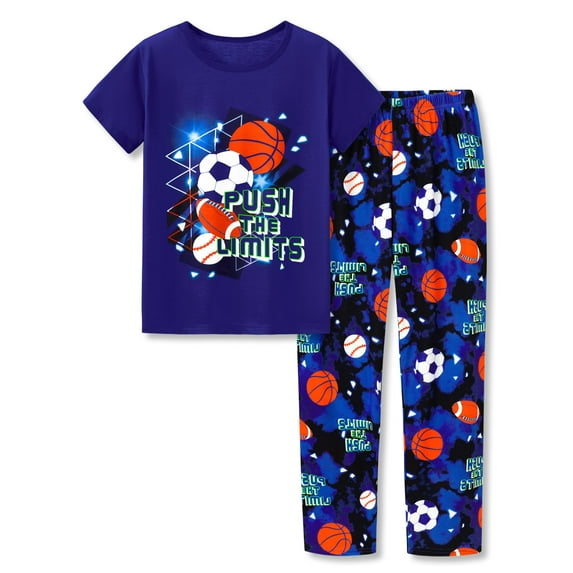 Beezizac Pajamas For Boys Fun Balls Dark Blue Short Sleeves & Pants 2-Piece PJs Set Kid Comfy Sleepwear Size 6