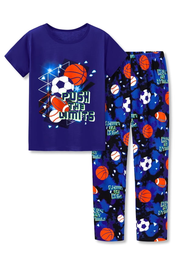 Pajamas For Boys Fun Balls Dark Blue Short Sleeves & Pants 2-Piece PJs Set Kid Comfy Sleepwear Size 6