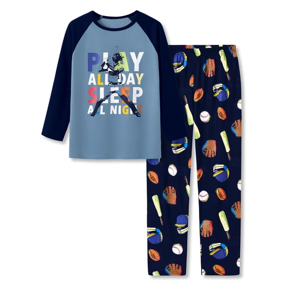 Tebbis Pajamas For Boys Fun Baseball Navy Blue Long Sleeves 2-Piece PJs Set Kid Comfy Sleepwear Size 10 Plus