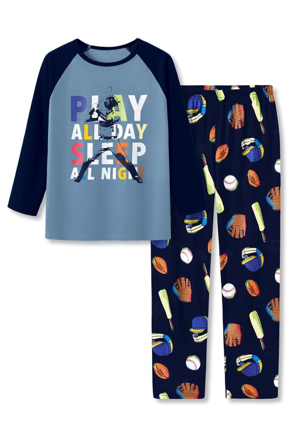Pajamas For Boys Fun Baseball Navy Blue Long Sleeves 2-Piece PJs Set Kid Comfy Sleepwear Size 10 Plus