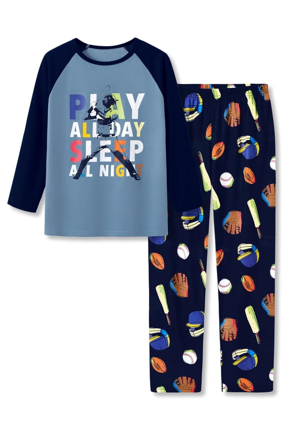 Tebbis Pajamas For Boys Fun Baseball Navy Blue Long Sleeves 2-Piece PJs Set Kid Comfy Sleepwear Size 8