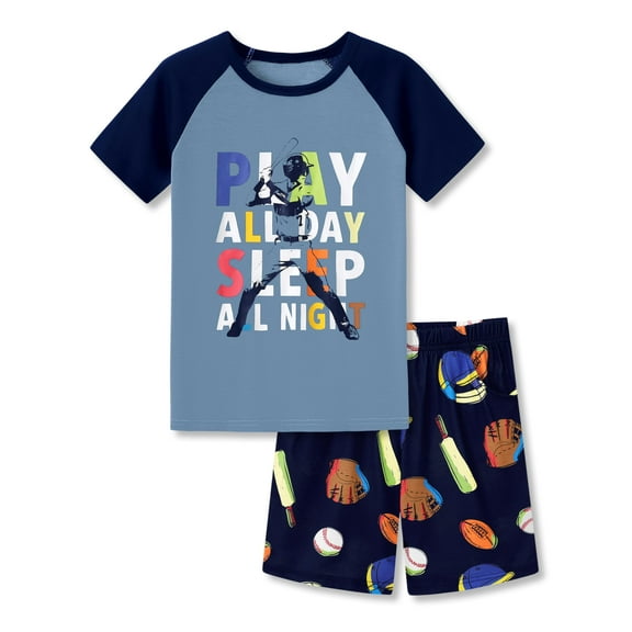 Tebbis Pajamas For Boys Fun Baseball Navy Blue Short Sleeves 2-Piece PJs Set Kid Comfy Sleepwear Size 18