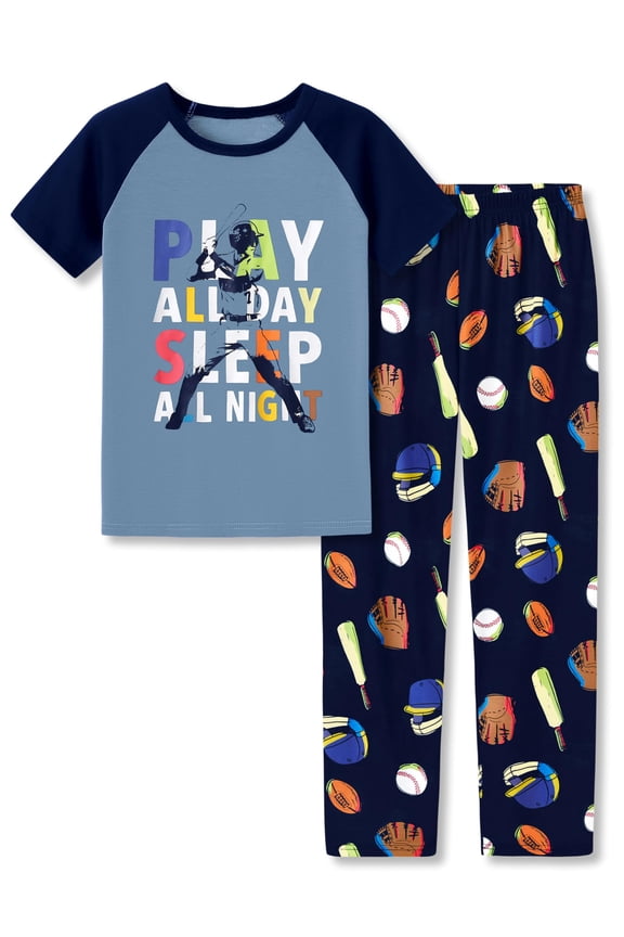 Pajamas For Boys Fun Baseball Navy Blue Short Sleeves & Pants 2-Piece PJs Set Kid Comfy Sleepwear Size 14