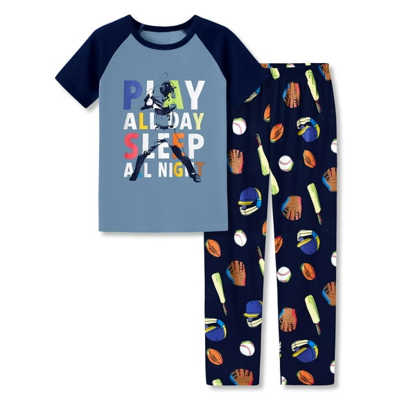Tebbis Pajamas For Boys Fun Baseball Navy Blue Short Sleeves & Pants 2-Piece PJs Set Kid Comfy Sleepwear Size 16