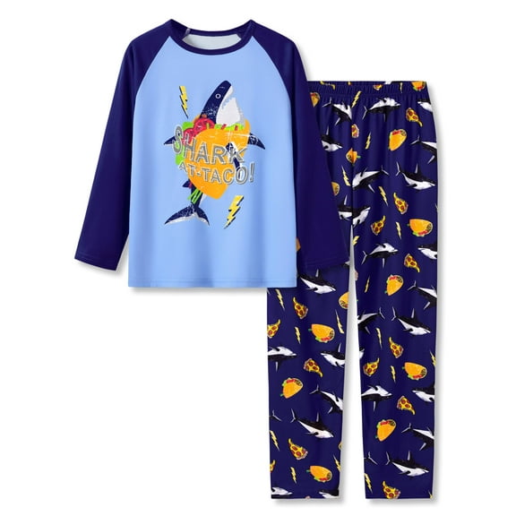 Tebbis Pajamas For Boys Fun Blue Shark Taco Long Sleeves 2-Piece PJs Set Big Kid Comfy Sleepwear Size 12