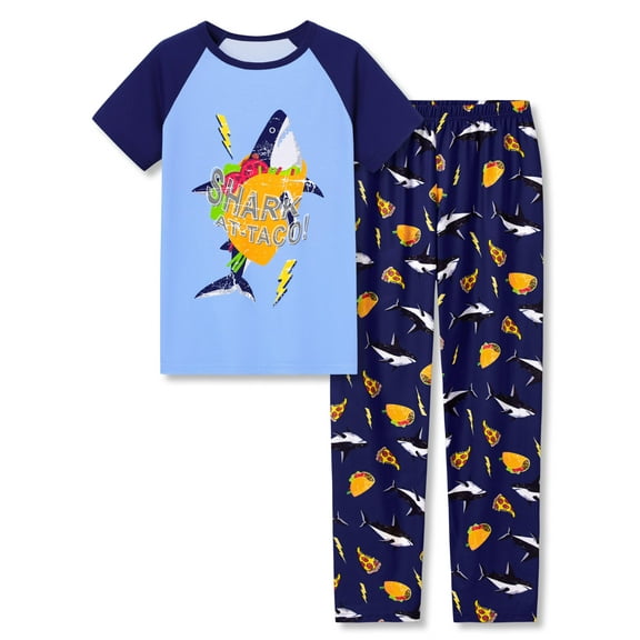 Tebbis Pajamas For Boys Fun Blue Shark Taco Short Sleeves & Pants 2-Piece PJs Set Big Kid Comfy Sleepwear Size 12