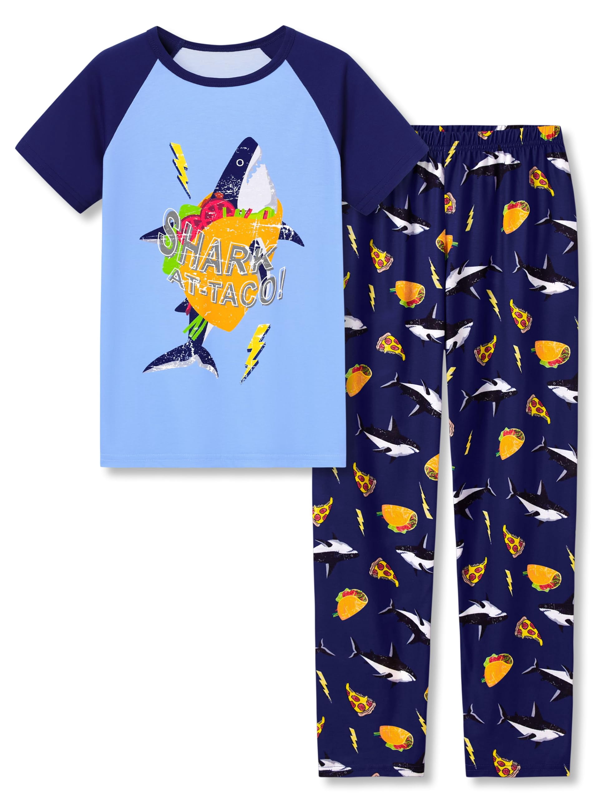 Beezizac Pajamas For Boys Fun Blue Shark Taco Short Sleeves