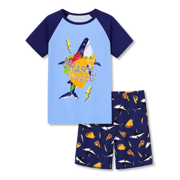 Tebbis Pajamas For Boys Fun Blue Shark Taco Short Sleeves Summer PJs Set Big Kid Comfy Sleepwear Size 12