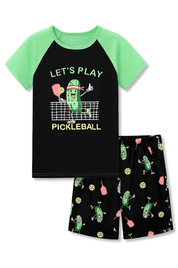 Pajamas For Boys Fun Cartoon Pickle Play Pickleball Short Sleeves 2-Piece PJs Set Kid Comfy Sleepwear Size 16