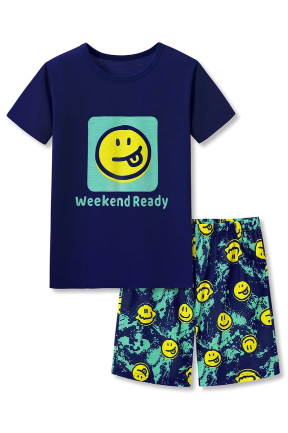 Pajamas For Boys Fun Face Navy Blue Short Sleeves 2-Piece PJs Set Kid Comfy Sleepwear Size 16