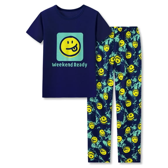 Tebbis Pajamas For Boys Fun Face Navy Blue Short Sleeves & Pants 2-Piece PJs Set Kid Comfy Sleepwear Size 12