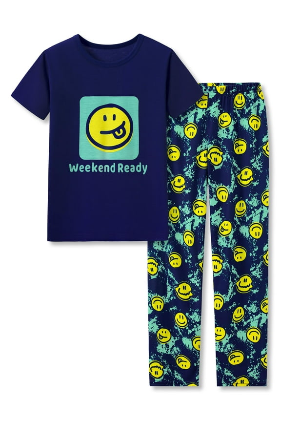 Pajamas For Boys Fun Face Navy Blue Short Sleeves & Pants 2-Piece PJs Set Kid Comfy Sleepwear Size 12