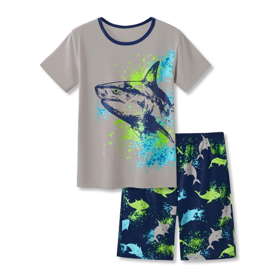 Beezizac Pajamas For Boys Fun Shark Gray Short Sleeves 2-Piece PJs Set Kid Comfy Sleepwear Size 14