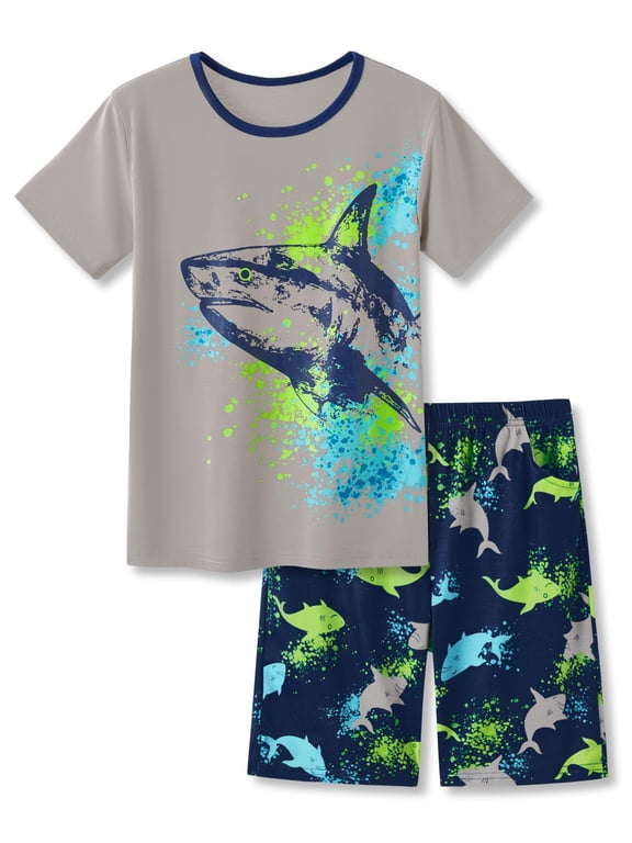 Pajamas For Boys Fun Shark Gray Short Sleeves 2-Piece PJs Set Kid Comfy Sleepwear Size 16