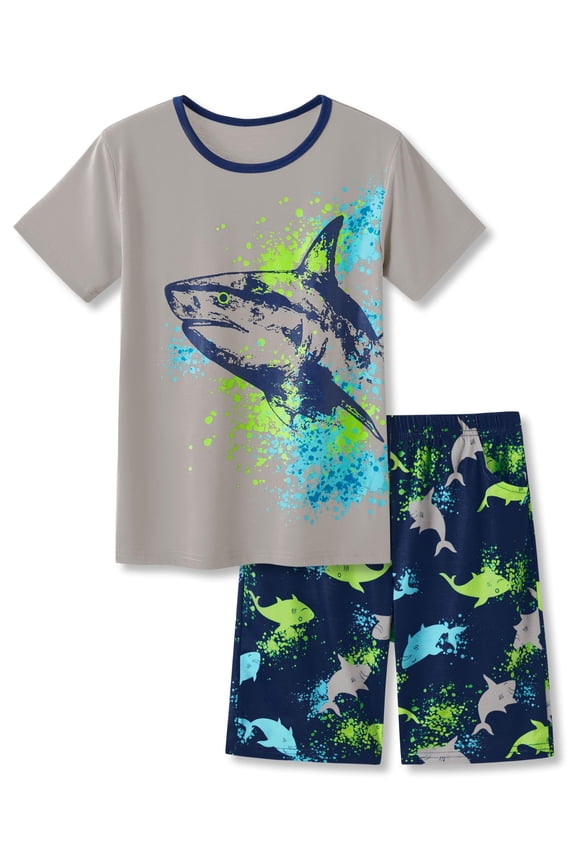 Pajamas For Boys Fun Shark Gray Short Sleeves 2-Piece PJs Set Kid Comfy Sleepwear Size 16