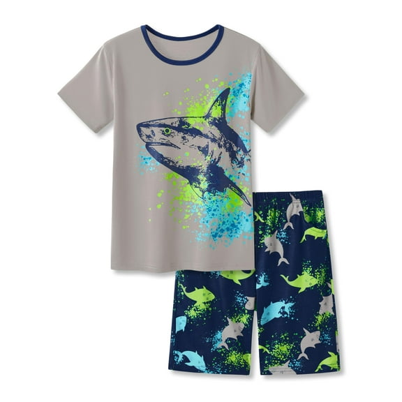 Tebbis Pajamas For Boys Fun Shark Gray Short Sleeves 2-Piece PJs Set Kid Comfy Sleepwear Size 18