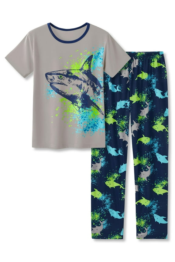 Pajamas For Boys Fun Shark Gray Short Sleeves & Pants 2-Piece PJs Set Kid Comfy Sleepwear Size 10