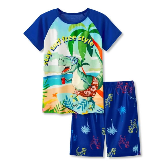 Tebbis Pajamas For Boys Fun Surf Dino Short Sleeves 2-Piece PJs Set Kid Comfy Sleepwear Size 10
