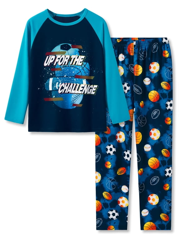 Pajamas For Boys Fun Up for the challenge Blue Long Sleeves 2-Piece PJs Set Kid Comfy Sleepwear Size 16