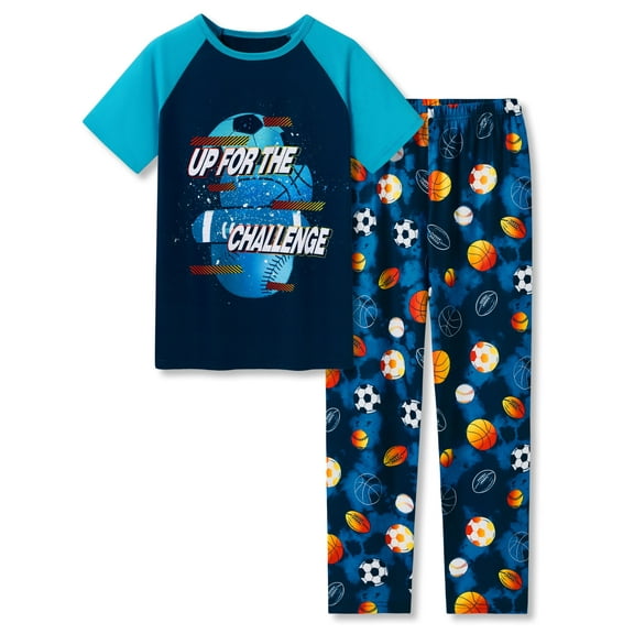 Tebbis Pajamas For Boys Fun Up for the challenge Blue Short Sleeves & Pants 2-Piece PJs Set Kid Comfy Sleepwear Size 12