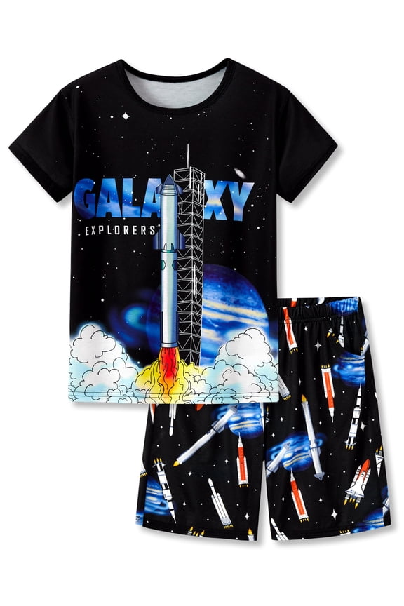Pajamas For Boys Rocket & Galaxy Black Short Sleeves 2-Piece PJs Set Kid Comfy Sleepwear Size 12