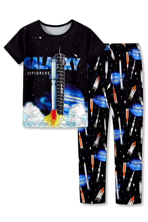 Pajamas For Boys Rocket Galaxy Black Short Sleeves & Pants 2-Piece PJs Set Kid Comfy Sleepwear Size 16