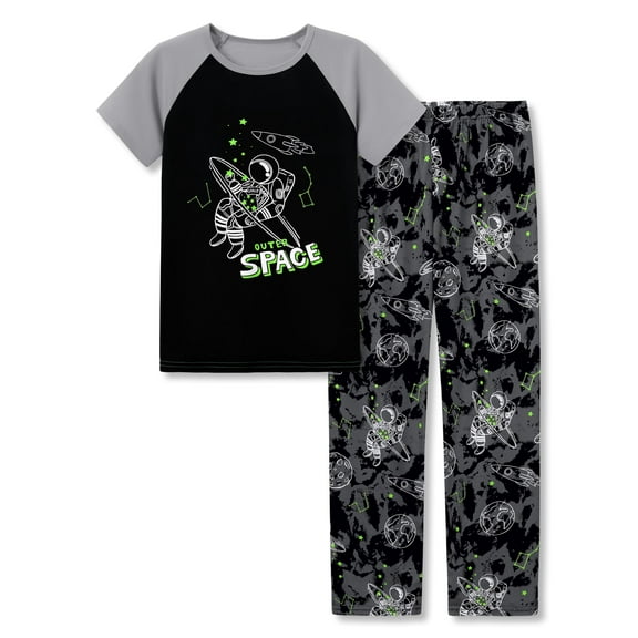 Tebbis Pajamas For Boys Space Black Gray Short Sleeves & Pants 2-Piece PJs Set Kid Comfy Sleepwear Size 10